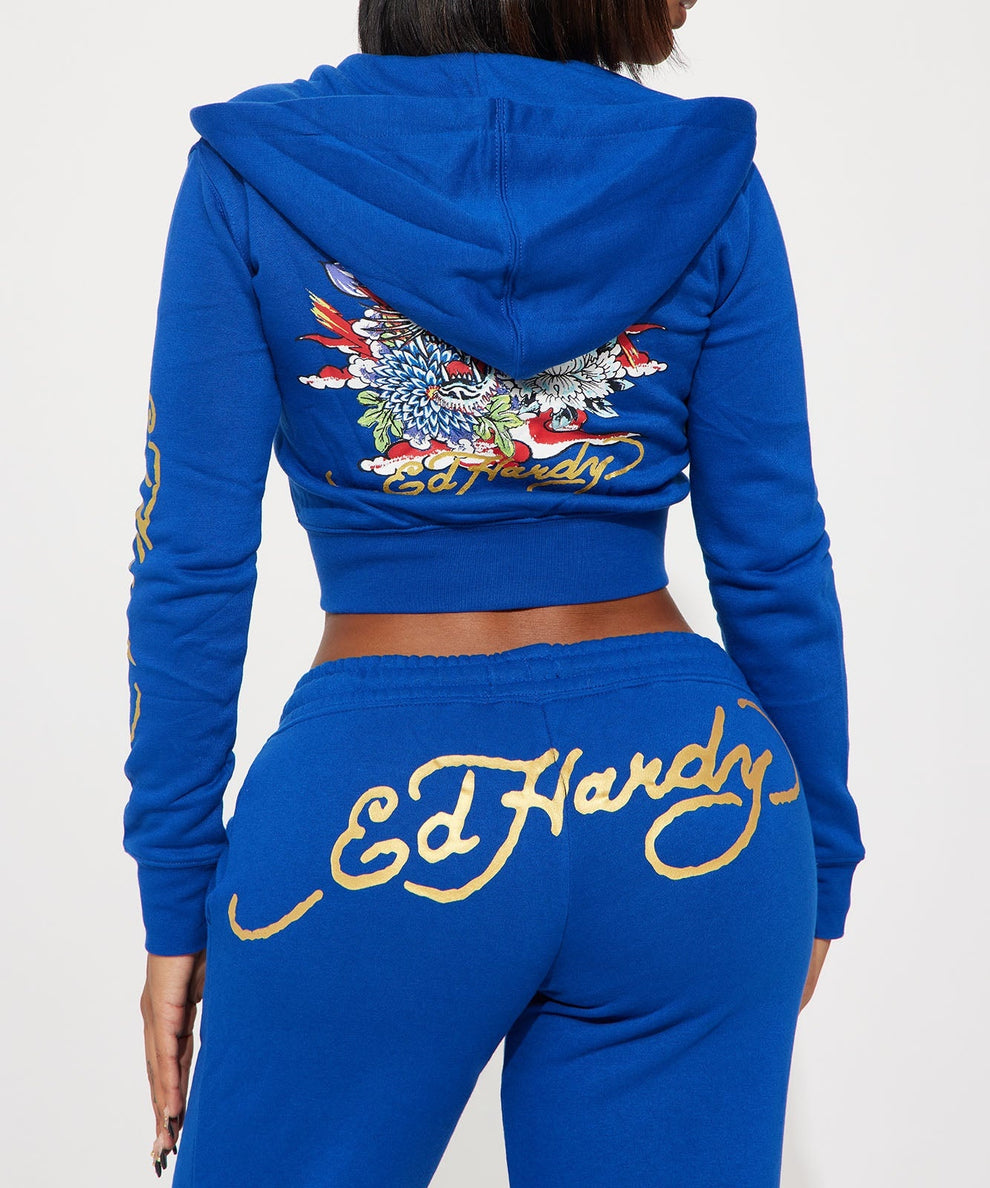 ED HRDY Branded Women's Crop Zipper Hoodie Blue Color HRDH-10