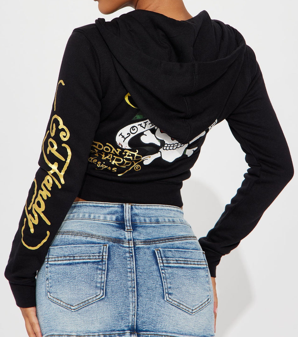 ED HRDY Branded Women's Crop Zipper Hoodie Black Color HRDH-23