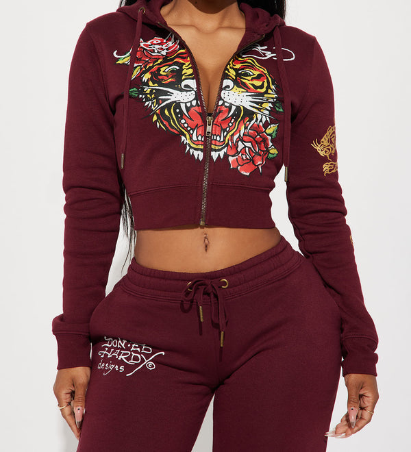 ED HRDY Branded Women's Crop Zipper Hoodie Mehroon Color Color HRDH-08