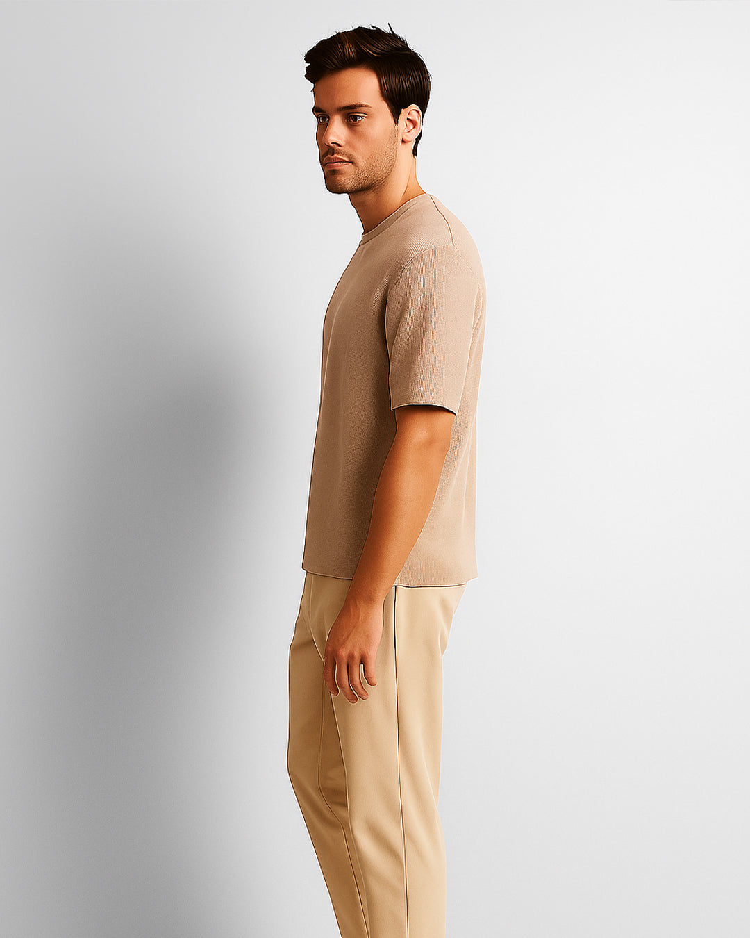 BERSK Men's Beige Textured Knit T-Shirt Drop Sholuder Mt-05