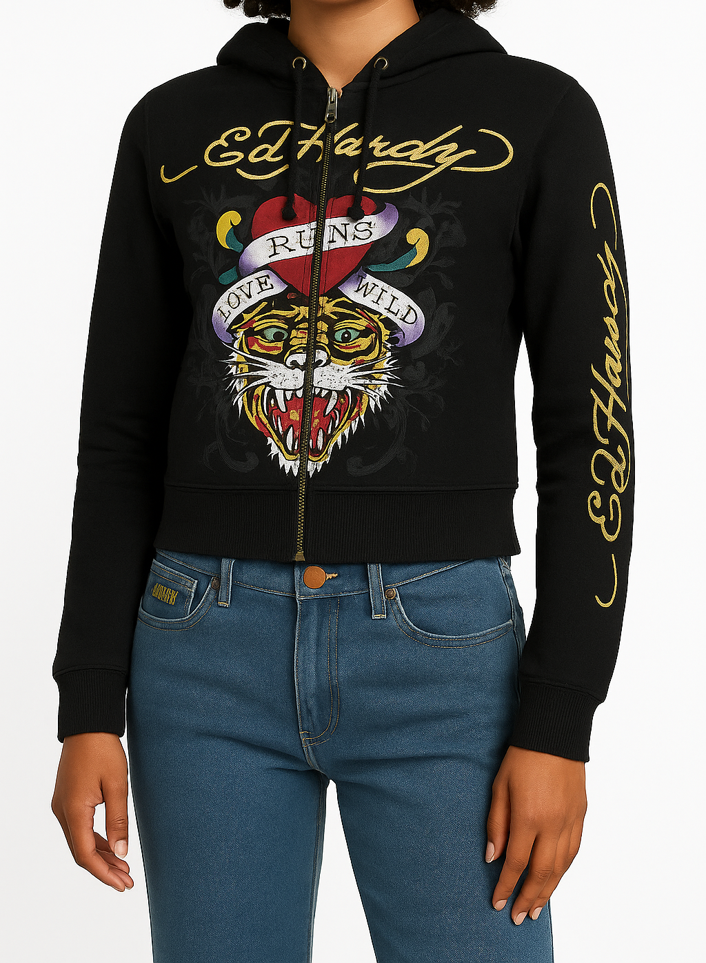 ED HRDY Branded Women's Crop Zipper Hoodie Black Color HRDH-22
