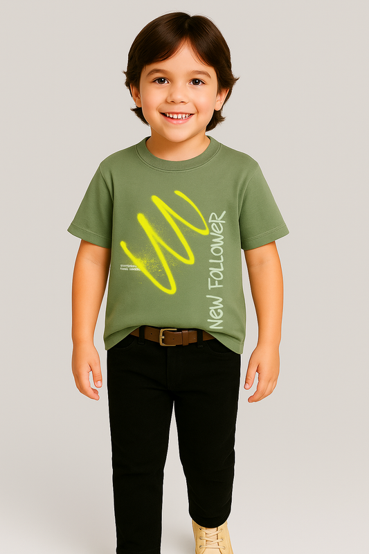 Zarraa Brander Boy's Olive Green “New Follower” Printed T-Shirt BTS-20