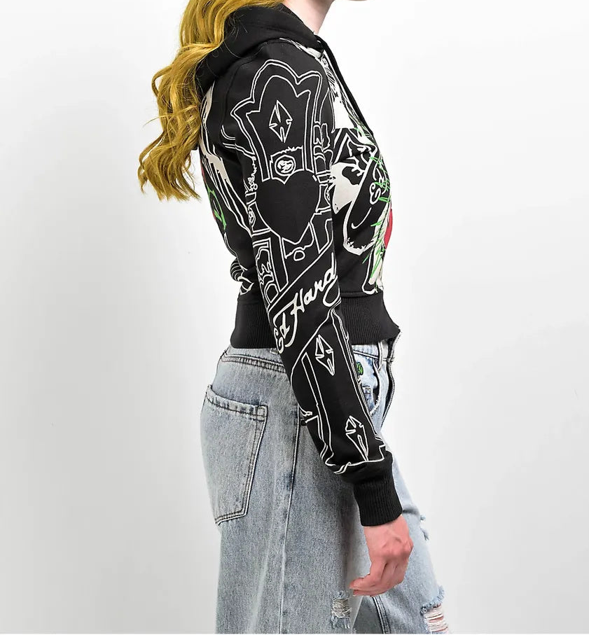 ED HRDY Branded Women's Crop Zipper Hoodie Black Color HRDH-04