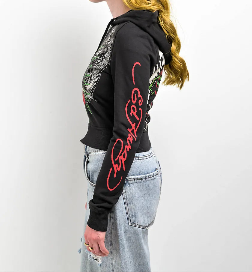 ED HRDY Branded Women's Crop Zipper Hoodie Black Color HRDH-04