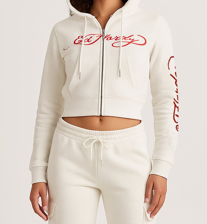 ED HRDY Branded Women's Crop Zipper Hoodie Off White Color HRDH-01