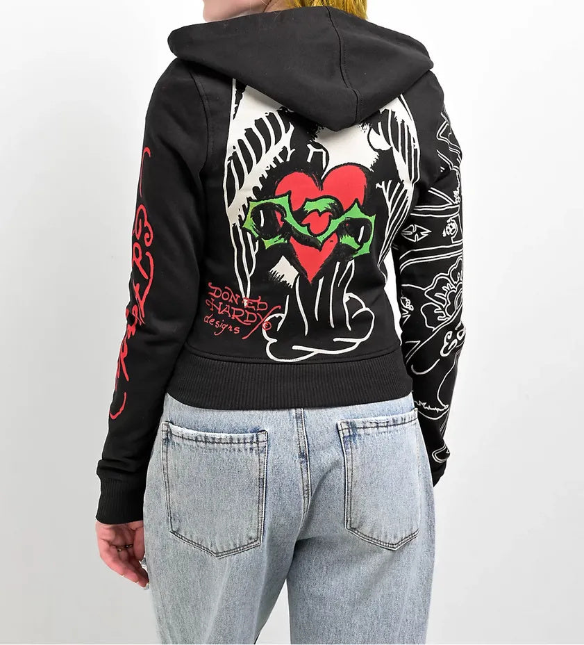 ED HRDY Branded Women's Crop Zipper Hoodie Black Color HRDH-04