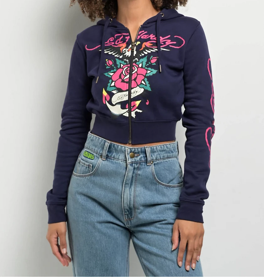 ED HRDY Branded Women's Crop Zipper Hoodie Navy Blue Color HRDH-13