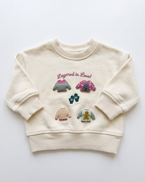 Mangos Branded Kids' "Layered in Love" Sweater Patches & Holiday Socks Graphic Sweatshirt – Off-White SP-55