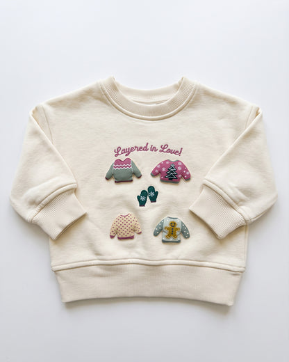 Mangos Branded Kids' "Layered in Love" Sweater Patches & Holiday Socks Graphic Sweatshirt – Off-White SP-55