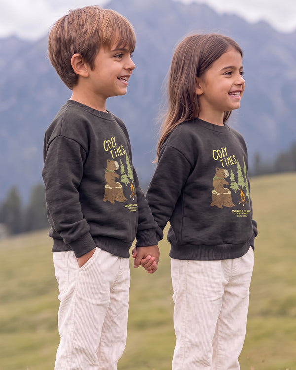 Mangos Branded Kids' "Cozy Times" Forest Bear Graphic Sweatshirt – Charcoal Grey SP-57