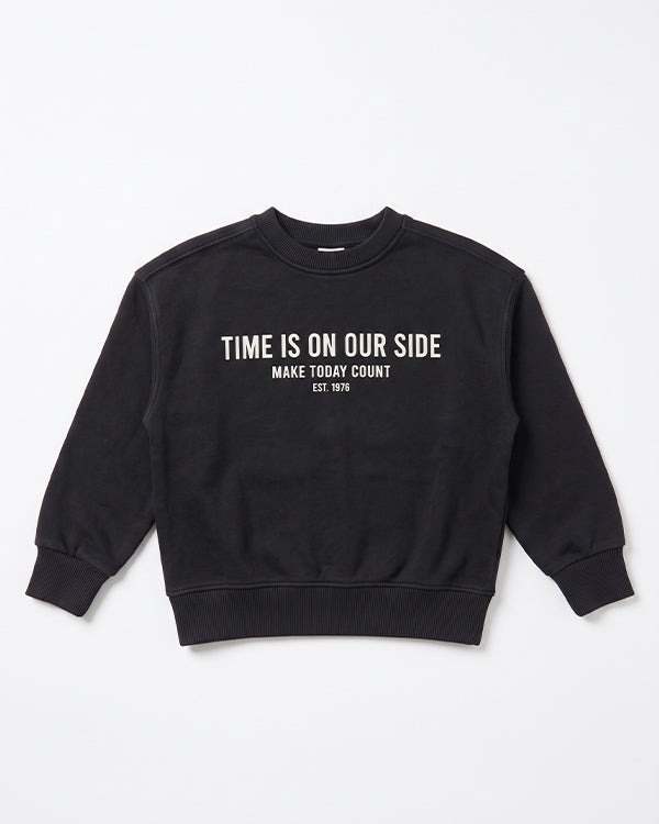 Branded Kids' "Time Is On Our Side" Slogan Graphic Crewneck Sweatshirt – Black SP-60