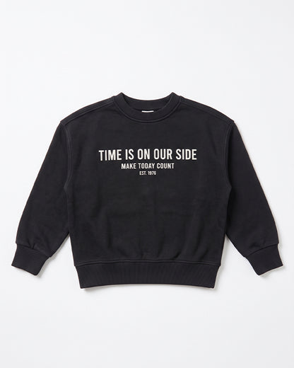 Branded Kids' "Time Is On Our Side" Slogan Graphic Crewneck Sweatshirt – Black SP-60