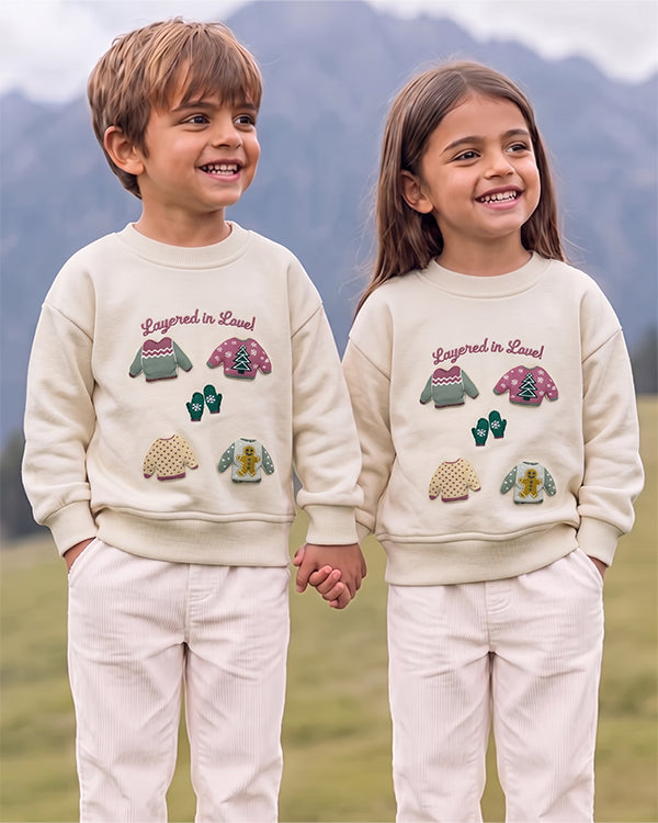 Mangos Branded Kids' "Layered in Love" Sweater Patches & Holiday Socks Graphic Sweatshirt – Off-White SP-55