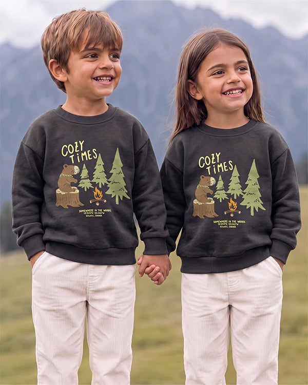 Mangos Branded Kids' "Cozy Times" Forest Bear Graphic Sweatshirt – Charcoal Grey SP-57