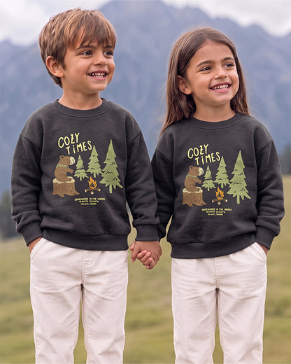 Mangos Branded Kids' "Cozy Times" Forest Bear Graphic Sweatshirt – Charcoal Grey SP-57