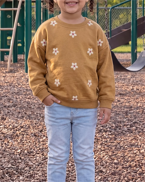 Mangos Branded Kids Embroidered Floral Pattern Crewneck Sweatshirt – Mustard Gold SP-56