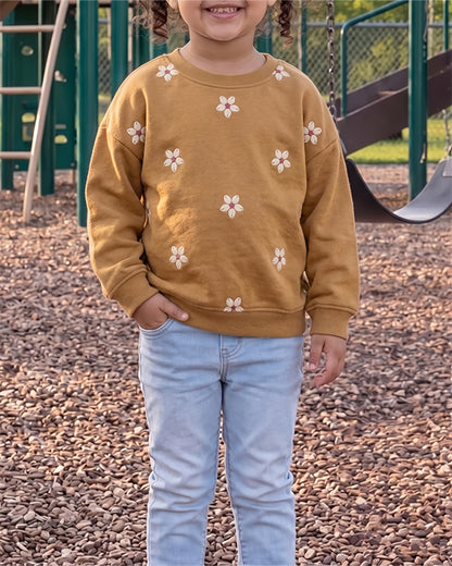 Mangos Branded Kids Embroidered Floral Pattern Crewneck Sweatshirt – Mustard Gold SP-56