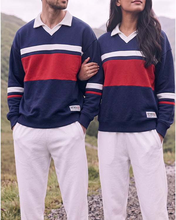 Branded Color-Block Polo Sweatshirt – Navy & Red Sp-72