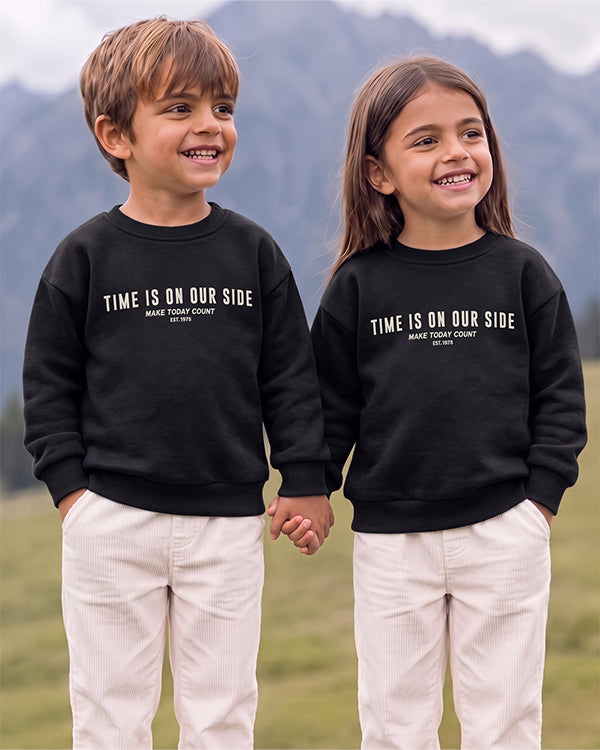 Branded Kids' "Time Is On Our Side" Slogan Graphic Crewneck Sweatshirt – Black SP-60