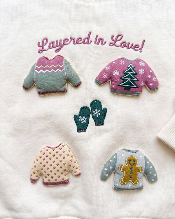 Mangos Branded Kids' "Layered in Love" Sweater Patches & Holiday Socks Graphic Sweatshirt – Off-White SP-55