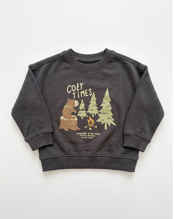 Mangos Branded Kids' "Cozy Times" Forest Bear Graphic Sweatshirt – Charcoal Grey SP-57