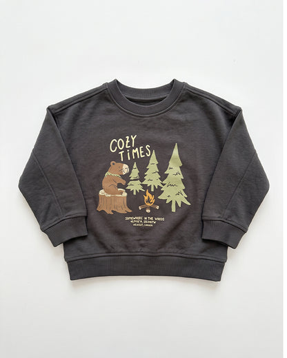 Mangos Branded Kids' "Cozy Times" Forest Bear Graphic Sweatshirt – Charcoal Grey SP-57