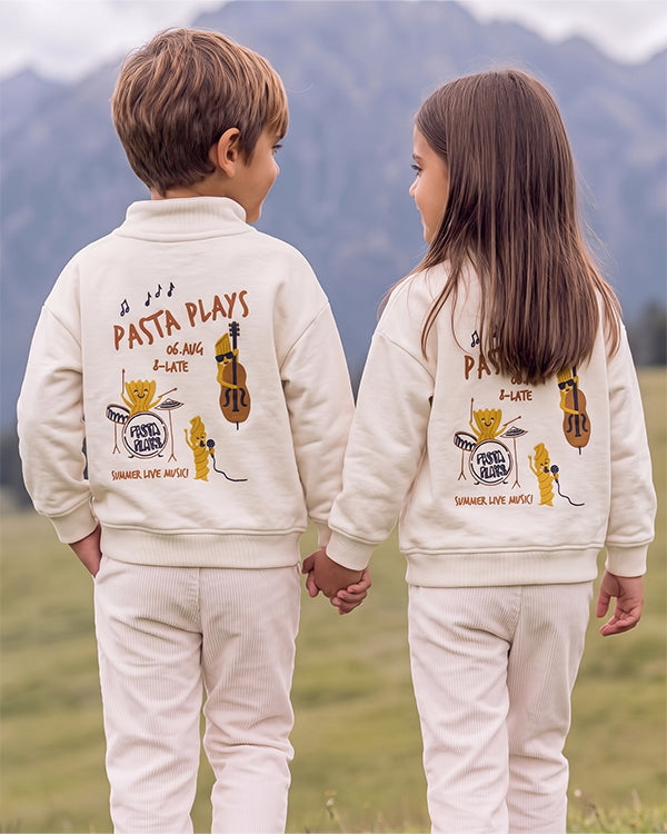 Mangos Branded Kids' "Pasta Plays" Music Graphic Quarter-Zip Sweatshirt – Off-White SP-59