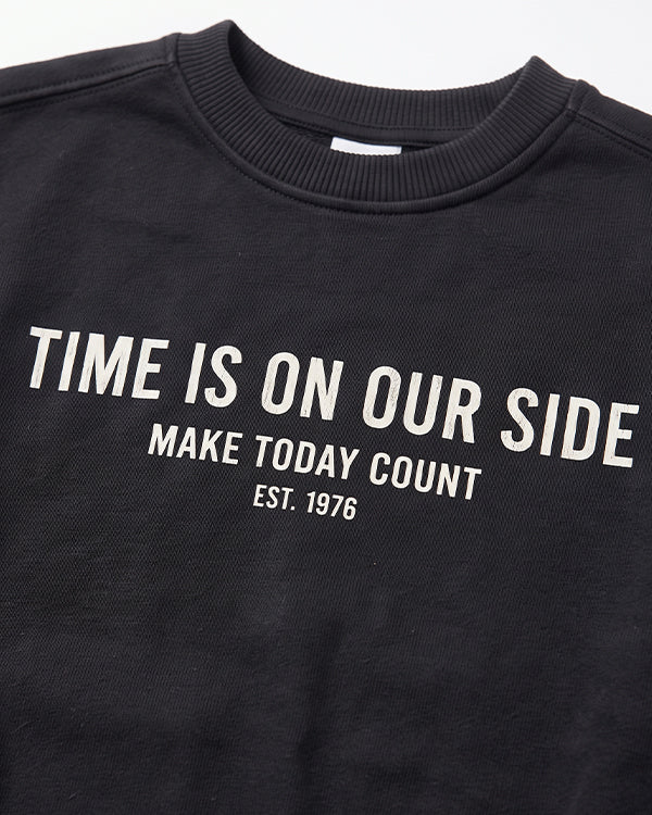 Branded Kids' "Time Is On Our Side" Slogan Graphic Crewneck Sweatshirt – Black SP-60