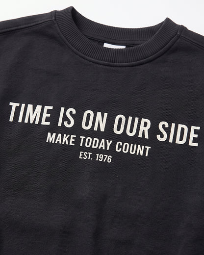 Branded Kids' "Time Is On Our Side" Slogan Graphic Crewneck Sweatshirt – Black SP-60