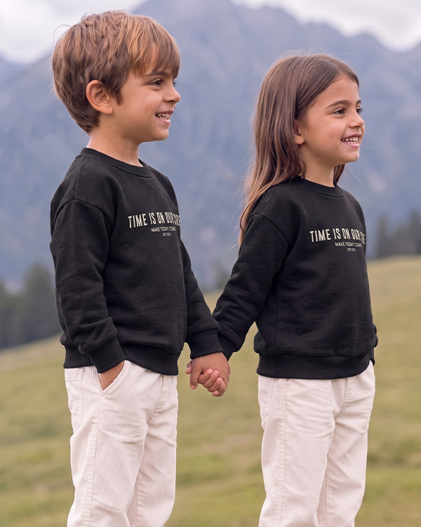 Branded Kids' "Time Is On Our Side" Slogan Graphic Crewneck Sweatshirt – Black SP-60