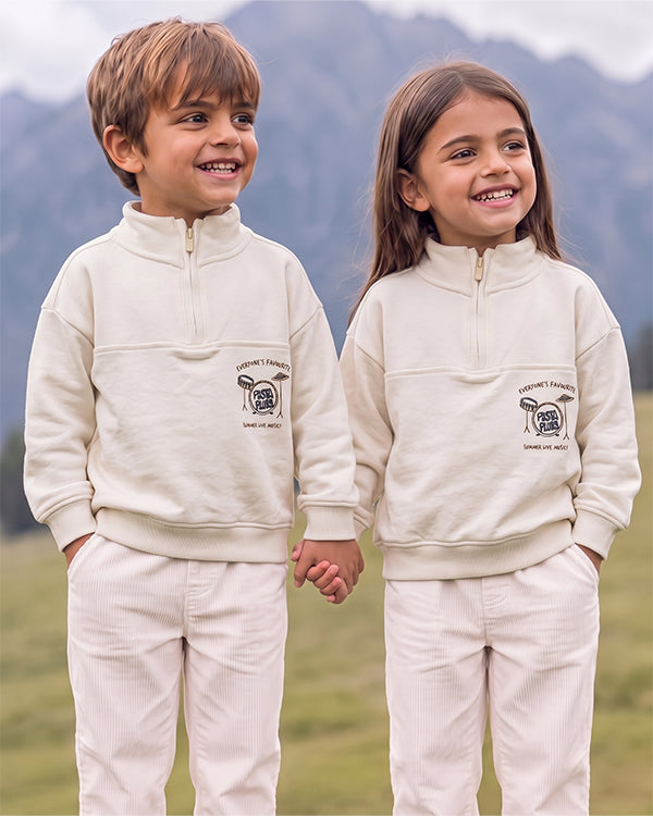 Mangos Branded Kids' "Pasta Plays" Music Graphic Quarter-Zip Sweatshirt – Off-White SP-59