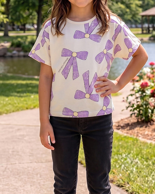 ZARRAA Branded Girl's T-shirt White Color with Purple Bow GTS-05