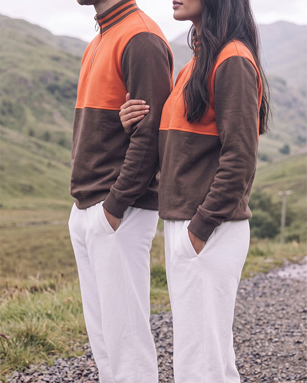 Branded Rust & Dark Brown Color-Blocked Quarter-Zip Sweatshirt MSWT-01