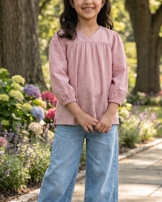 SPARK Branded Kids Pinstripe Puff-Sleeve Fusion Top GF-16
