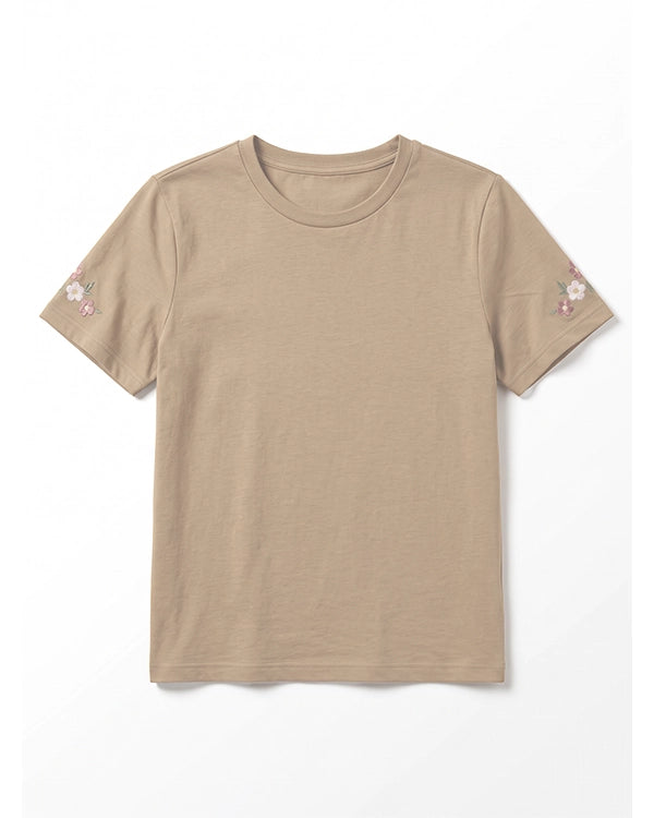 Branded Womens Beige Floral Embroidered Casual T-Shirt Sp-24