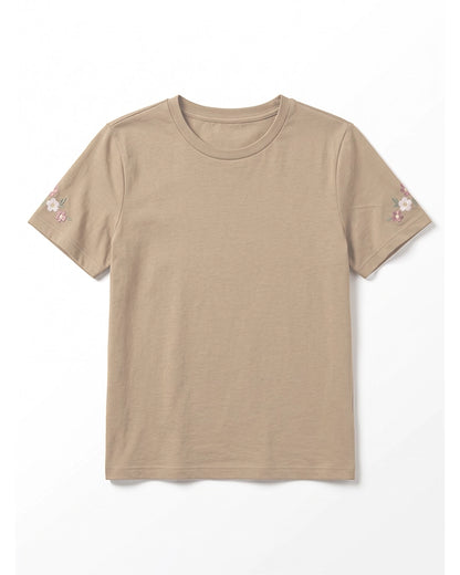 Branded Womens Beige Floral Embroidered Casual T-Shirt Sp-24