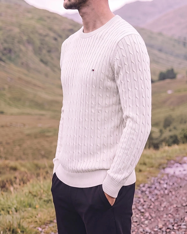 Tomie Hil Branded Mens White Cable Knit Crewneck Sweater Sp-30