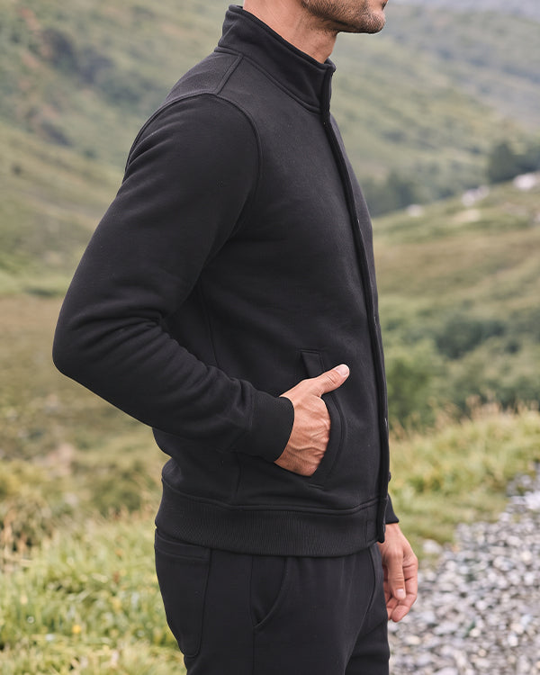 Kennath Col Branded Men's Minimalist Stand-Collar Snap-Button Fleece Jacket - Black Sp-42