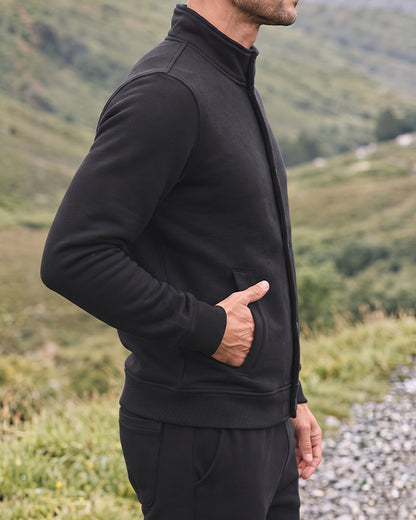 Kennath Col Branded Men's Minimalist Stand-Collar Snap-Button Fleece Jacket - Black Sp-42