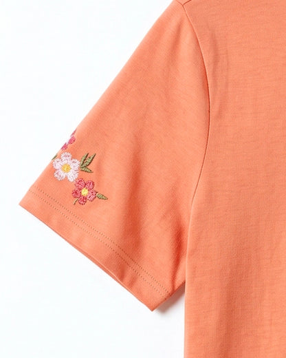 Branded Womens Peach Floral Embroidered Casual T-Shirt Sp-23