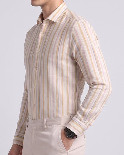 Michael Krs Branded Men’s Cream & Yellow Vertical Striped Slim Fit Casual Shirt MFS-23