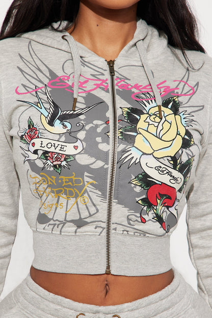 ED HRDY Branded Women's Crop Zipper Hoodie Grey Color HRDH-03
