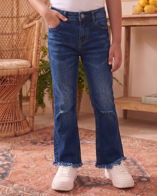 Joey Branded Girls Blue Flapper Denim Jeans – Frayed Hem GJ-04