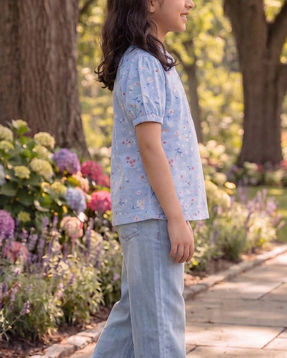 Spark Branded Girls Floral Print Cotton Shirt – Sky Blue GF-07