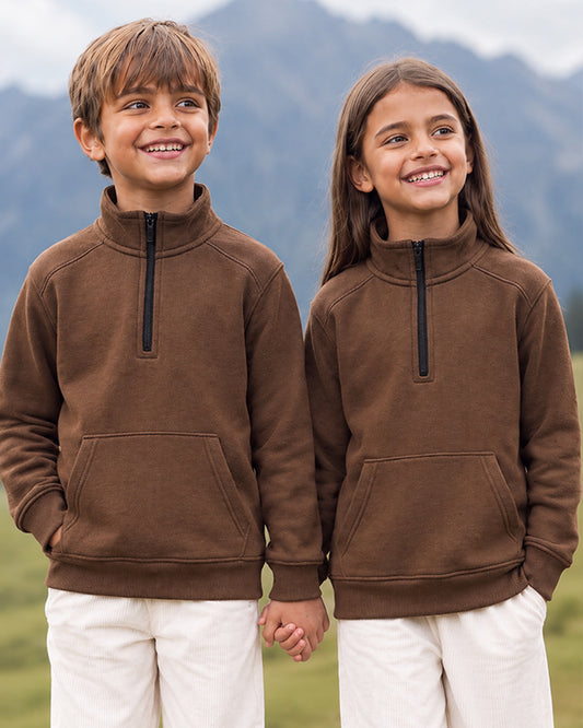 ZARRAA Premium Classic Brown Half-Zip Fleece – Unisex Kids Winter Sweatshirt KSWT-03