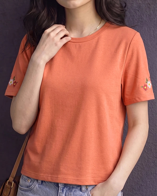Branded Womens Peach Floral Embroidered Casual T-Shirt Sp-23