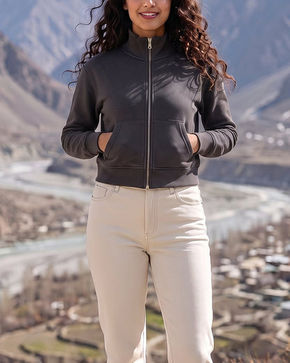 Women’s Charcoal Cropped High-Neck Zip-Up Jacket WJ-08