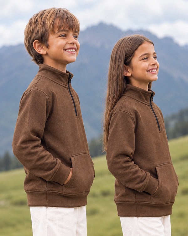 ZARRAA Premium Classic Brown Half-Zip Fleece – Unisex Kids Winter Sweatshirt KSWT-03