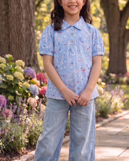 Spark Branded Girls Floral Print Cotton Shirt – Sky Blue GF-07