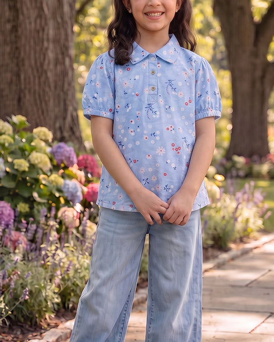 Spark Branded Girls Floral Print Cotton Shirt – Sky Blue GF-07
